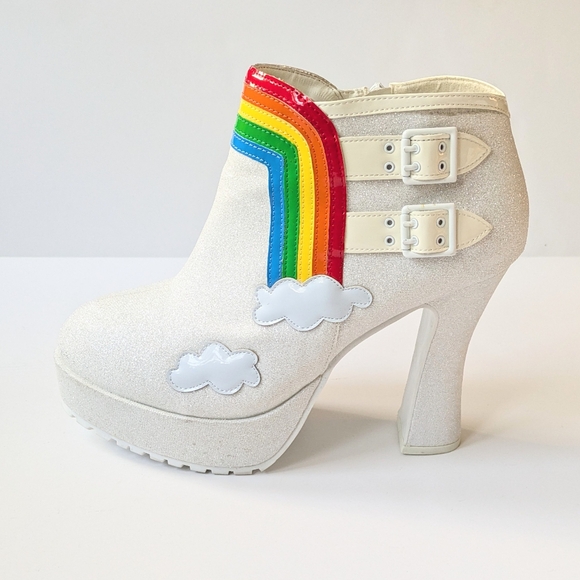 Ellie Rainbow White Glittered Chunky Heel Buckle and Zip Boot - Picture 1 of 8